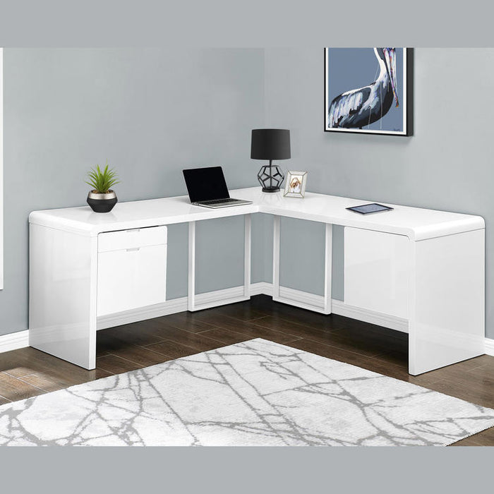 Monarch Specialties I 7582 | Meuble d'ordinateur - 70" - En coin - Conception en L - Configuration réversible - Avec tiroirs - Fini blanc lustré-SONXPLUS Val-des-sources